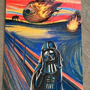 May include: A digital painting of Darth Vader from Star Wars in the style of Edvard Munch's The Scream. The background is a swirling, colorful sky with a burning Death Star.