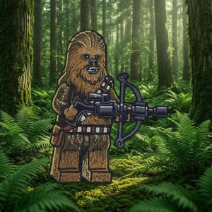 May include: Embroidered patch featuring a brown Chewbacca character holding a black crossbow. The patch has a Lego-like design and is set against a forest backdrop with green ferns and trees. The character is wearing a bandolier.