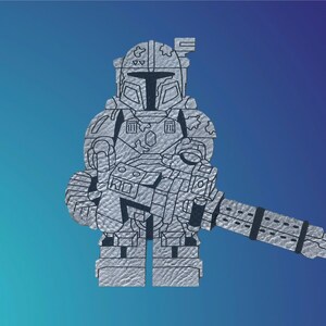 May include: A silver-colored Lego minifigure of a Mandalorian warrior with a blaster rifle. The figure is wearing a helmet and armor with intricate details.