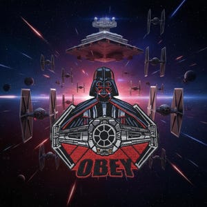 May include: Embroidered patch featuring Darth Vader and a TIE fighter design with the word "OBEY" in red. The patch is set against a space scene with a Star Destroyer and TIE fighters.