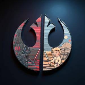 May include: Wooden Star Wars artwork in the style of Lego, depicting Darth Vader and Luke Skywalker. The artwork is split, with Vader on the left and Skywalker on the right, set against a dark blue background. The artwork is in the shape of the Rebel Alliance symbol.