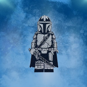 May include: A black and white illustration of a Mandalorian character from Star Wars. The character is wearing a helmet and armour, and is holding a lightsaber. The background is a blue watercolour wash.