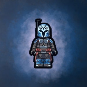 May include: A blue and white Lego minifigure of a Mandalorian with a blue and white helmet and a red and black belt.