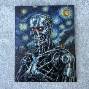 May include: A rectangular print featuring a metallic robotic skull and torso with glowing red eyes. The background depicts a dark blue night sky filled with swirling yellow stars and a crescent moon, rendered in a textured, post-impressionist style.