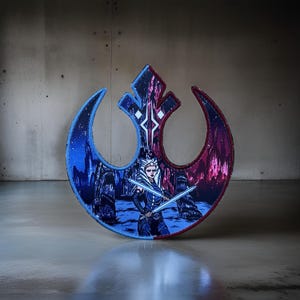 May include: A blue and red embroidered patch featuring the Rebel Alliance symbol with a female character wielding two lightsabers in front of a dark, rocky landscape.