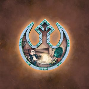 Può includere: Un simbolo dell'Alleanza Ribelle bianco e verde con una scena all'interno di Han Solo e un personaggio alieno verde seduto a un tavolo con delle candele.