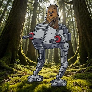 May include: Embroidered patch featuring Chewbacca piloting an AT-ST walker. The patch has a gray and brown color scheme with red accents on the walker's cannons. The background shows a lush forest with tall trees and green moss.