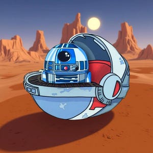 Op de afbeelding: Een cartoon illustratie van een blauw-witte droid in een draagzak tegen een woestijnachtergrond. De droid heeft een ronde kop met blauwe en witte panelen en een groot zwart oog. De draagzak is lichtblauw en rood.