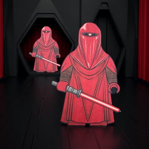 May include: Two red Imperial Guard figures with lightsabers, set against a dark, futuristic background. The figures are stylized with detailed red robes and helmets, and the lightsabers have silver handles and red blades. The scene evokes a sense of sci-fi and fantasy.