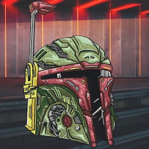 May include: Embroidered patch featuring a detailed depiction of a green, red, and yellow helmet. The helmet has a distinctive design with various shapes and lines, and a long antenna. The patch is likely for clothing or accessories.