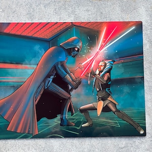 May include: A black and red lightsaber duel between Darth Vader and a blue-skinned Jedi with blue and white head-tails. The Jedi is holding a blue lightsaber and Darth Vader is holding a red lightsaber. The background is a dark blue and red room with a grid pattern on the floor.