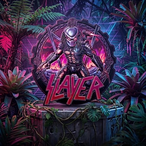 May include: A circular metal sign featuring a Predator character in a metallic mask and armor, positioned in front of a gear-shaped frame with pentagrams. The word SLAYER is printed in large red letters at the bottom, set against a vibrant jungle background.