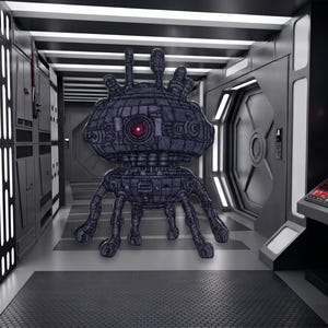 May include: A dark purple, multi-legged robotic creature with a textured, grid-like surface and a single glowing red circular eye in the center. The figure features several vertical antenna-like protrusions on its top and stands on six legs.