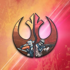 May include: A stylized Rebel Alliance symbol with a blue and white clad female character wielding a lightsaber on the left side and a white and blue clad male character holding a blaster rifle on the right side. The background is a sunset scene with a forest in the distance.