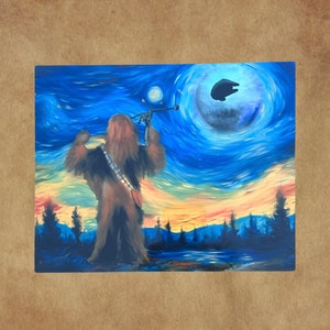May include: A digital painting in the style of Vincent van Gogh's Starry Night, featuring Chewbacca from Star Wars holding a blaster rifle. The Death Star is visible in the sky, with a swirling blue and yellow background.