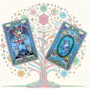 May include: Two tarot cards with illustrations of cartoon dogs. One card reads "JUDGEMENT" and features a dog with wings and glasses. The other card reads "THE WORLD" and shows a dog inside a wreath. A colorful tree design is in the background.