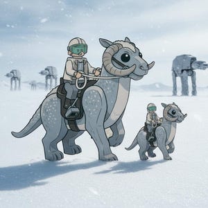 Op de afbeelding: Illustratie van twee Lego-achtige figuren die op grijze Banthas door een besneeuwd landschap rijden. De Banthas hebben grote hoorns en zijn gezadeld. Op de achtergrond zijn AT-AT-lopers en meer Banthas te zien. De scène speelt zich af in een besneeuwde omgeving.