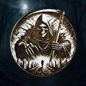 May include: A circular wood-burned art piece depicting the Grim Reaper with a scythe, set against a dark forest and full moon. The artwork features a detailed skull and hooded figure, with a path leading to a silhouette. The overall theme is gothic and macabre.