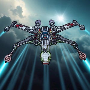 May include: Embroidered patch depicting an X-wing starfighter. The patch shows a white and grey spacecraft with red wing details and blue laser beams. The background is a cloudy sky with a bright sun.