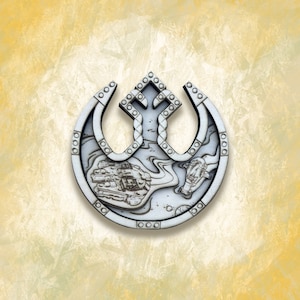 May include: A white wooden Rebel Alliance symbol with a detailed design of a spaceship and a land speeder inside. The symbol is surrounded by a circle of small white circles.