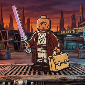 May include: An embroidered patch featuring a brown-skinned minifigure wearing a brown robe over a white tunic. The figure holds a purple lightsaber in one hand and a tan briefcase in the other. The design is detailed with visible stitching.