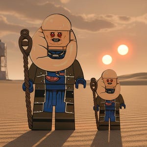 Puede incluir: Dos figuras estilo Lego se alzan en un paisaje desértico bajo un sol doble. La figura más grande sostiene un bastón y viste una cubierta para la cabeza color beige, una chaqueta marrón y pantalones azules. La figura más pequeña es un espejo de la más grande. Una torre de agua está al fondo.