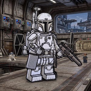 May include: An embroidered patch featuring a white and gray armored character with a helmet, jetpack, and blaster rifle. The design mimics a block-style figure with detailed stitching, showcasing a T-shaped visor, shoulder pauldrons, and utility belt.