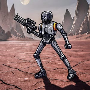 May include: A silver-toned robot figure with a rounded head and slender limbs, holding a multi-barrelled blaster in its right hand. The robot features a distinct orange shoulder accent and stands against a backdrop of a cracked, arid desert landscape.