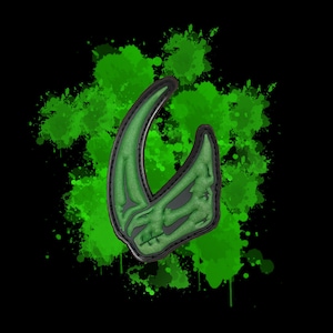 May include: Green and black embroidered patch with a stylised alien head design. The patch is on a green watercolour background.