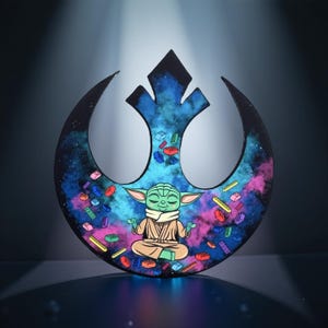 Könnte beinhalten: Ein Star Wars-Emblem mit einer meditierenden Yoda-Figur. Das Emblem ist ein schwarz-weißes Symbol mit einem farbenfrohen Galaxiehintergrund. Bunte Spielzeugbausteine sind um die Yoda-Figur verstreut.