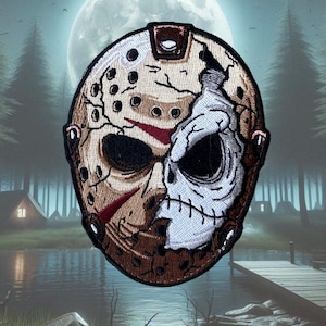 May include: A brown and white embroidered patch of a hockey mask with a skull on the right side. The mask has a red slash across the left side. The patch is against a dark background with a full moon and trees.