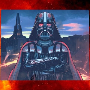 May include: Darth Vader, a fictional character from the Star Wars franchise, stands with his arms crossed in front of a dark, futuristic cityscape. He is wearing his iconic black helmet and suit with a red glow emanating from his eyes.