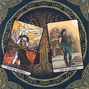May include: Two tarot cards, "Five of Wands" and "Six of Wands", are displayed against a dark blue background with a gold mandala design. The "Five of Wands" card features a woman with white skin and a black outfit holding two red lightsabers. The "Six of Wands" card features a person with brown hair and a blue outfit standing in front of a large, brown, futuristic structure.
