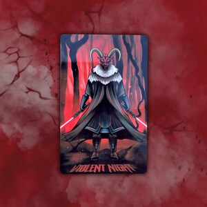 May include: A digital illustration of a horned, red-skinned figure wearing a black cloak and holding two lightsabers. The figure is standing in a dark forest with red glowing trees. The text "VIOLENT NIGHT" is at the bottom of the image.