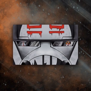 May include: Close-up illustration of a gray and black helmet with red accents. The helmet has two rectangular eye openings, and the design includes red, dripping-style lines. The background is a blurred mix of orange, gray, and black.