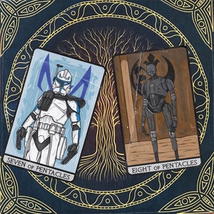 May include: Two tarot cards, the Seven of Pentacles and the Eight of Pentacles, with illustrations of a Star Wars clone trooper and a droid. The cards are set against a dark blue background with a gold circular design.