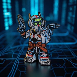 May include: Embroidered patch featuring a futuristic soldier character in a gray, white, and blue color scheme. The character is holding two blasters and wearing a helmet with a green display. The patch has a brown belt and red accents.