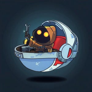 Op de afbeelding: Illustratie van een Jawa-personage uit Star Wars, zittend in een pod-achtig voertuig. De Jawa draagt een bruine capuchon en heeft gloeiende oranje ogen. Het voertuig is voornamelijk blauw, rood en wit, en de Jawa houdt een moersleutel vast.