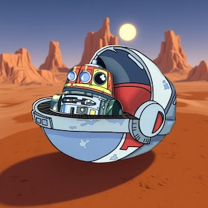 Op de afbeelding: Een cartoon illustratie van een robot karakter in een pod, tegen een woestijnlandschap met een zon en mesas. De robot heeft een gele, rode en blauwe kop, en de pod is blauw, rood en grijs.