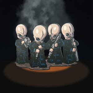 Pode incluir: Quatro figuras em estilo cartoon com cabeças grandes e roupas escuras, cada uma segurando uma arma ou dispositivo. As figuras estão em uma superfície de madeira, com um fundo escuro e um efeito de holofote.