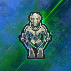 May include: A patch featuring a stylized depiction of General Grievous from Star Wars. The patch has a black border and features the character in shades of beige, gray, blue, and green, holding four lightsabers. The background is a gradient of blue and green.