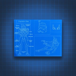 May include: A blueprint diagram of a Star Wars clone trooper, Captain Rex, with labeled body parts and a close-up of his helmet and a side view of him in a fighting pose. The text "Captain Rex" is at the top of the diagram.