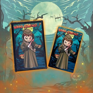 May include: Two embroidered patches featuring a cartoon character holding a bloody knife in a dark forest setting. The patches are rectangular and have black borders. The text "Wanna Scavenge?" is written in white on a black background at the top of each patch.