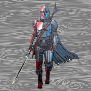 May include: A blue and red Mandalorian figure with a black cape and a silver lightsaber. The figure is wearing a helmet and armour.