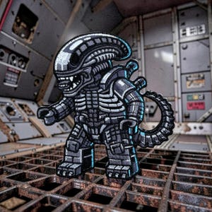 May include: Embroidered patch featuring a stylized, cartoon-like Xenomorph alien. The patch is primarily black and gray with detailed stitching, showcasing the creature's iconic head, skeletal structure, and tail. The background suggests a sci-fi or industrial setting.