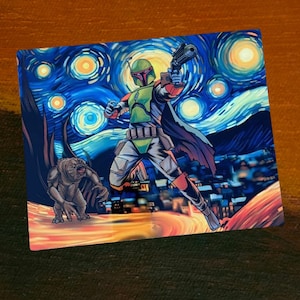 May include: A Star Wars themed illustration of Boba Fett, a bounty hunter, standing in a starry night sky. He is holding a blaster rifle and is accompanied by a creature from the Star Wars universe. The background is a stylized version of Vincent van Gogh's Starry Night.