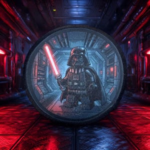 May include: A round patch featuring a Lego-style Darth Vader figure holding a red lightsaber. The patch has a black border and a detailed background depicting a futuristic corridor. The overall color scheme is dark with red and blue accents.