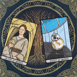 May include: Two Star Wars themed tarot cards. The card on the left is the Seven of Wands and features a woman holding a young boy. The card on the right is the Eight of Wands and features a droid.