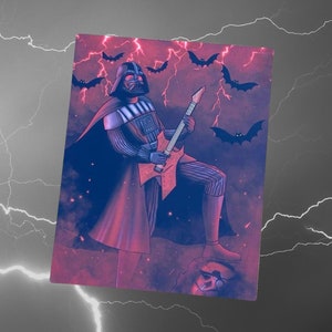 May include: Darth Vader, a fictional character from Star Wars, is depicted playing an electric guitar in a dark, stormy setting. The image is stylized with a dark purple and red color scheme and features bats flying in the background.
