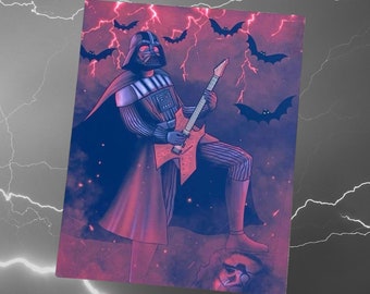May include: Darth Vader, a fictional character from Star Wars, is depicted playing an electric guitar in a dark, stormy setting. The image is stylized with a dark purple and red color scheme and features bats flying in the background.